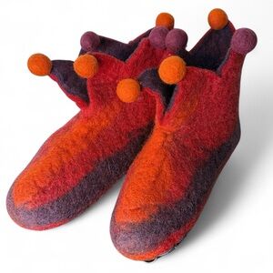 Felted Wool Jester Slippers Handmade Nepal Suede Soles Red Orange Purple Sz 6.5
